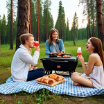 **

A vibrant picnic scene in a Russian forest clearing. A group of friends is laughing around a blanket spread with traditional Russian snacks and drinks like *pirozhki*, pickled vegetables, and *kvass*. A portable JBL Flip 6 speaker sits nearby, subtly playing music. In the background, a modern portable Weber Go-Anywhere grill is being used to cook shashlik. Capture the warm, inviting atmosphere of a comfortable and tech-enhanced *dacha* picnic.

**