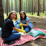 Ecological Picnic**

Prompt: Volunteers collecting trash in a sunny Russian forest, smiling, wearing gloves, filled trash bags visible, picnic blanket with food in the background. Focus on environmental cleanup and positive atmosphere.

**