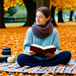 A woman enjoying a peaceful autumn picnic, sitting gracefully on a comfortable picnic blanket amidst a vibrant carpet of golden, red, and orange fallen leaves in a beautiful park. She is fully clothed in a modest, warm knitted sweater, comfortable trousers, and a stylish scarf, ensuring appropriate attire and professional dress. Beside her, a steaming thermos cup and an open book suggest a moment of quiet relaxation. A cozy woven blanket is draped around her. Perfect anatomy, correct proportions, natural pose, well-formed hands, proper finger count, natural body proportions, professional photography, high quality, ultra detailed, cinematic lighting, safe for work, appropriate content, fully clothed, family-friendly.