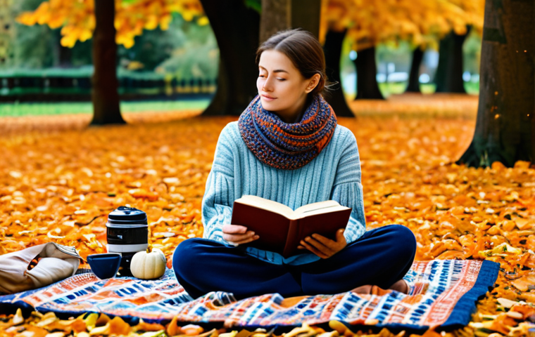 A woman enjoying a peaceful autumn picnic, sitting gracefully on a comfortable picnic blanket amidst a vibrant carpet of golden, red, and orange fallen leaves in a beautiful park. She is fully clothed in a modest, warm knitted sweater, comfortable trousers, and a stylish scarf, ensuring appropriate attire and professional dress. Beside her, a steaming thermos cup and an open book suggest a moment of quiet relaxation. A cozy woven blanket is draped around her. Perfect anatomy, correct proportions, natural pose, well-formed hands, proper finger count, natural body proportions, professional photography, high quality, ultra detailed, cinematic lighting, safe for work, appropriate content, fully clothed, family-friendly.