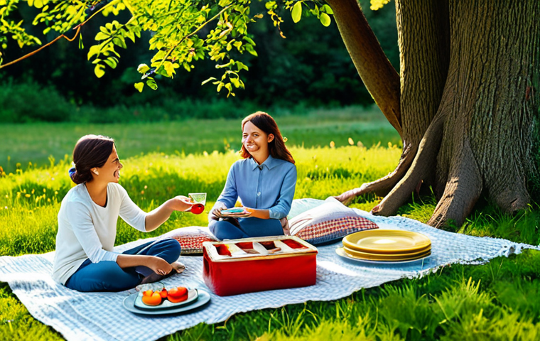 Cozy Picnic Ambiance**
"A beautifully arranged picnic scene in a sunny meadow, fully clothed people enjoying themselves. Soft blankets and colorful cushions are spread on the grass. String lights are hung between trees, casting a warm glow. Elegant ceramic plates and glassware are set on a linen tablecloth. Safe for work, appropriate content, perfect anatomy, natural pose, professional, modest, family-friendly, well-formed hands, proper finger count, natural body proportions."
**