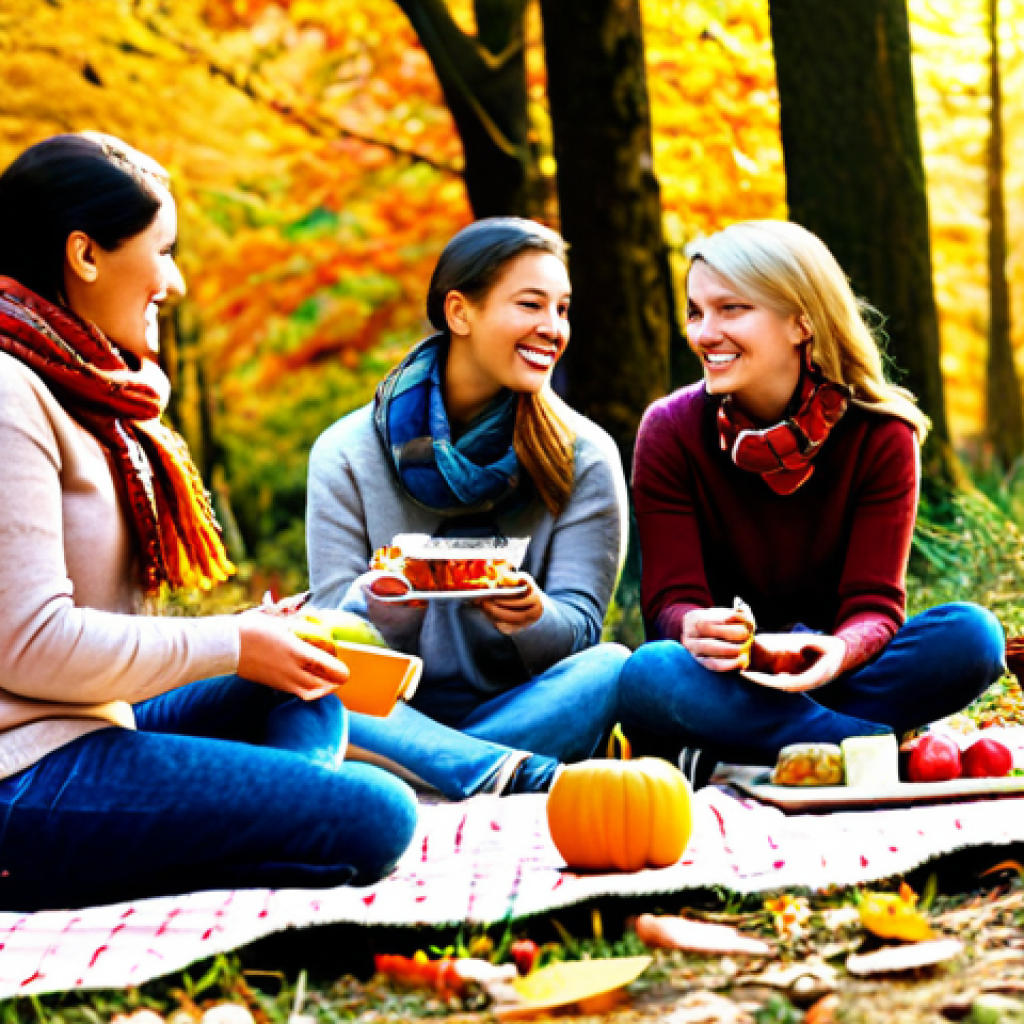 Cozy Autumn Picnic**

"A group of friends, fully clothed in warm autumn attire (sweaters, scarves, jeans), enjoying a picnic in a forest clearing filled with colorful fall foliage.  A wicker basket overflowing with food sits on a checkered blanket.  Sunlight filters through the trees.  safe for work, appropriate content, modest, family-friendly, perfect anatomy, natural proportions, well-formed hands, proper finger count, professional photography, high quality."

**