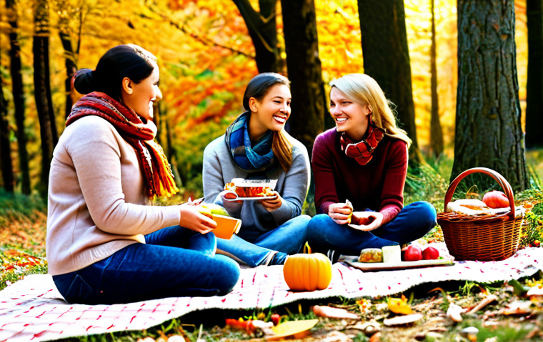 Cozy Autumn Picnic**
"A group of friends, fully clothed in warm autumn attire (sweaters, scarves, jeans), enjoying a picnic in a forest clearing filled with colorful fall foliage. A wicker basket overflowing with food sits on a checkered blanket. Sunlight filters through the trees. safe for work, appropriate content, modest, family-friendly, perfect anatomy, natural proportions, well-formed hands, proper finger count, professional photography, high quality."
**