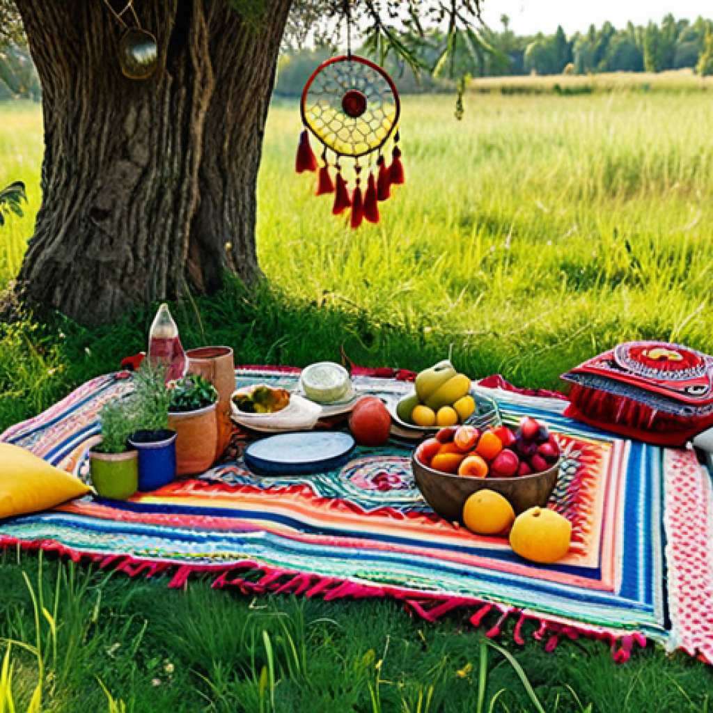 이색피크닉 체험형 활동 추천 - Bohemian Picnic Scene**

"A vibrant bohemian picnic setup in a sunny meadow. Colorful blankets with ...
