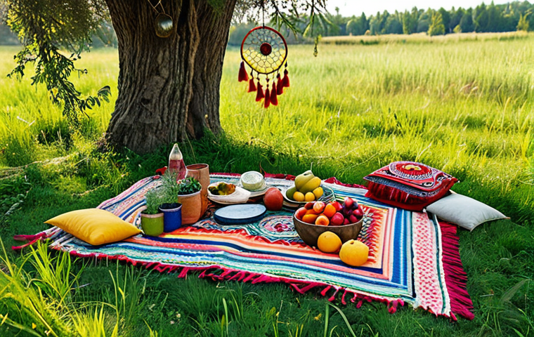 이색피크닉 체험형 활동 추천 - Bohemian Picnic Scene**
"A vibrant bohemian picnic setup in a sunny meadow. Colorful blankets with ...