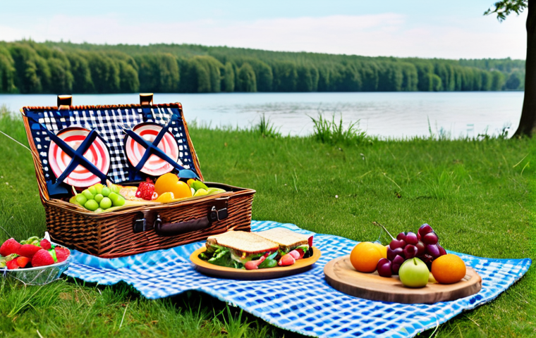 이색피크닉 물놀이와 함께하는 여름 피크닉 - Cozy Picnic Setup**

"A vibrant picnic scene with a checkered blanket spread on the grass near a lak...