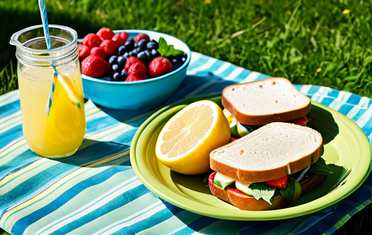 이색피크닉 물놀이와 함께하는 여름 피크닉 - Cozy Picnic Setup**

"A vibrant picnic scene with a checkered blanket spread on the grass near a lak...