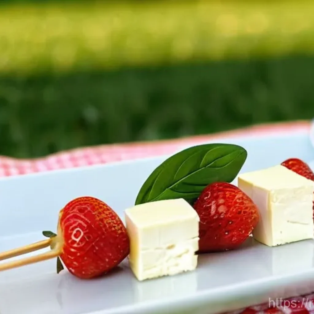이색피크닉 요리법 - **Elegant Brie and Strawberry Skewers at Sunset Picnic:** A close-up, high-definition shot of delica...