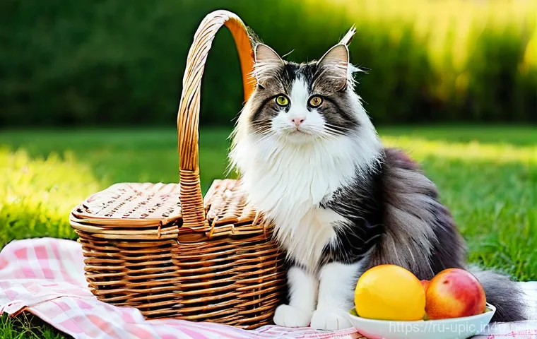 이색피크닉 반려동물과 함께하기 - **Prompt:** An energetic and playful outdoor scene capturing a pet picnic "quest" in a natural setti...