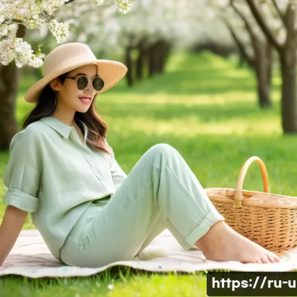 이색피크닉 테마별 드레스 코드 - A serene spring picnic scene featuring a young woman wearing a breathable linen shirt and light cott...
