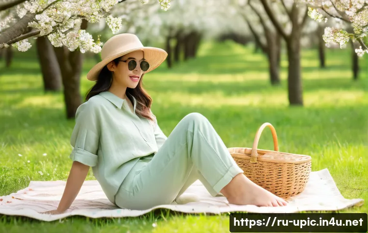 이색피크닉 테마별 드레스 코드 - A serene spring picnic scene featuring a young woman wearing a breathable linen shirt and light cott...