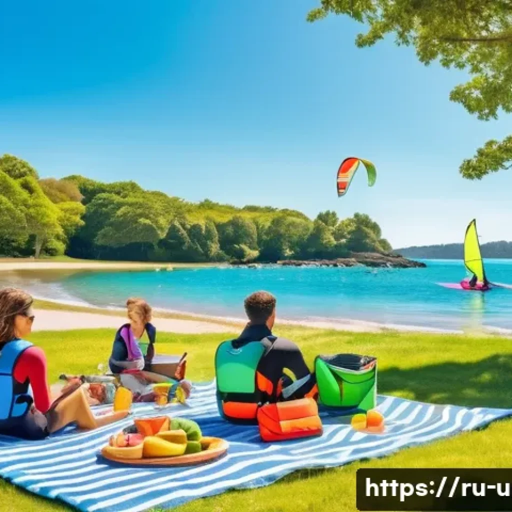 이색피크닉 수상 스포츠와 함께하는 피크닉 - A vibrant lakeside scene featuring a group of friends enjoying an active picnic with kite surfing an...