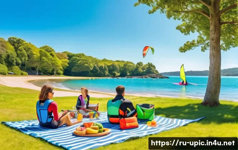 이색피크닉 수상 스포츠와 함께하는 피크닉 - A vibrant lakeside scene featuring a group of friends enjoying an active picnic with kite surfing an...