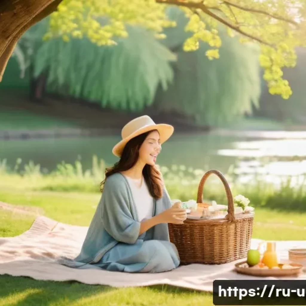이색피크닉 사진 찍는 법 - A serene outdoor picnic scene set during the golden hour near a gentle riverbank in a quiet, lush pa...