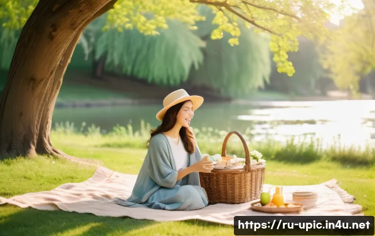 이색피크닉 사진 찍는 법 - A serene outdoor picnic scene set during the golden hour near a gentle riverbank in a quiet, lush pa...