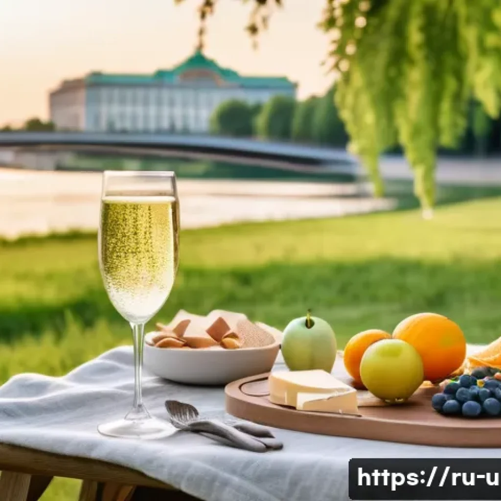 이색피크닉 배달 서비스 - A serene summer picnic scene in a lush green Moscow park with shady trees and a neatly arranged eco-...