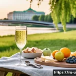 Home 22 이색피크닉 배달 서비스 - A serene summer picnic scene in a lush green Moscow park with shady trees and a neatly arranged eco-...