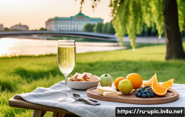 이색피크닉 배달 서비스 - A serene summer picnic scene in a lush green Moscow park with shady trees and a neatly arranged eco-...