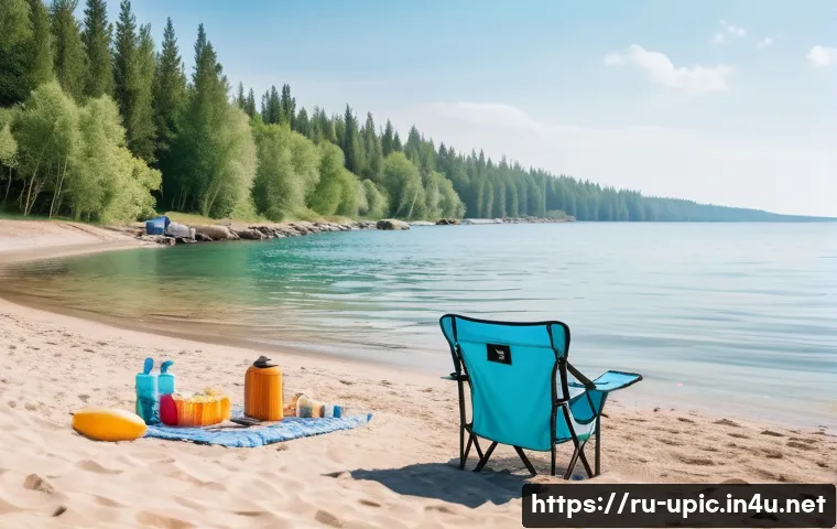 이색피크닉 바다와 함께하는 피크닉 - A serene, clean beach scene in a quiet coastal area in Russia during a sunny day, featuring a well-o...