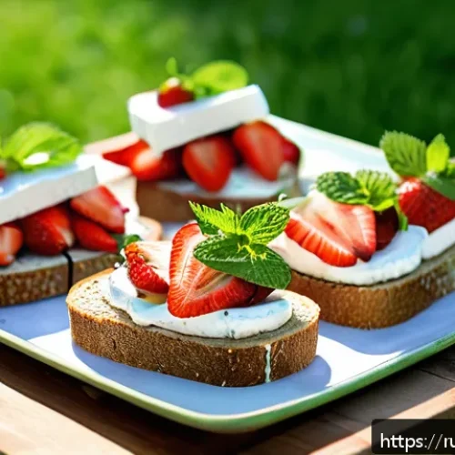 Home 31 이색피크닉 나만의 레시피 만들기 - A rustic picnic scene featuring artisanal rye bread sandwiches topped with creamy goat cheese, fresh...