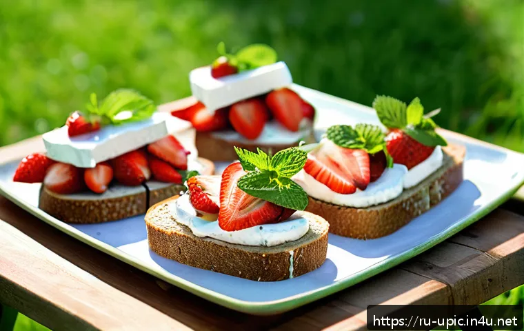 이색피크닉 나만의 레시피 만들기 - A rustic picnic scene featuring artisanal rye bread sandwiches topped with creamy goat cheese, fresh...