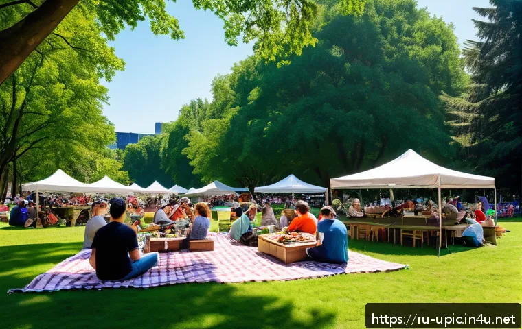 이색피크닉 버스킹을 즐기며 - A vibrant outdoor music picnic scene in a spacious city park during a sunny day, featuring a diverse...