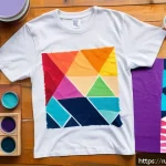 Home 23 이색피크닉 핸드메이드 티셔츠 - A detailed image of a mid-density cotton t-shirt laid flat on a wooden table, featuring vibrant hand...