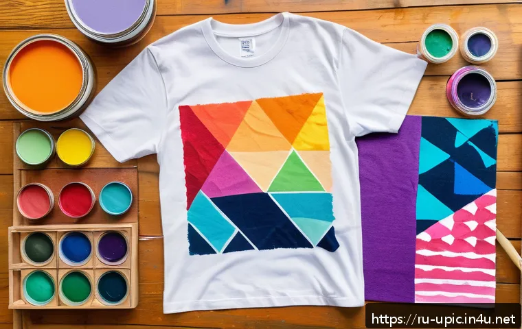 이색피크닉 핸드메이드 티셔츠 - A detailed image of a mid-density cotton t-shirt laid flat on a wooden table, featuring vibrant hand...