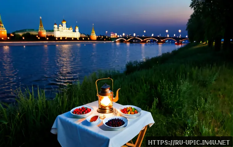 이색피크닉 야경과 함께하는 디너 - Photorealistic twilight picnic dinner on a grassy riverbank overlooking the illuminated Moscow skyli...